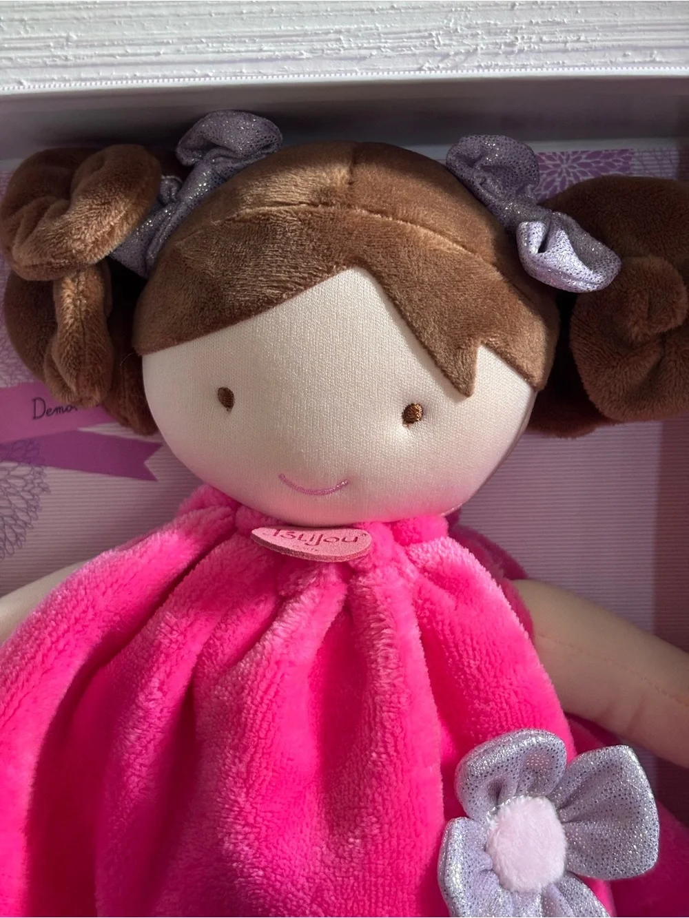 Jolijou Paris Demoiselle Pretty Brown Hair Plush Doll Toy Lovey Pink‎ Dress NEW